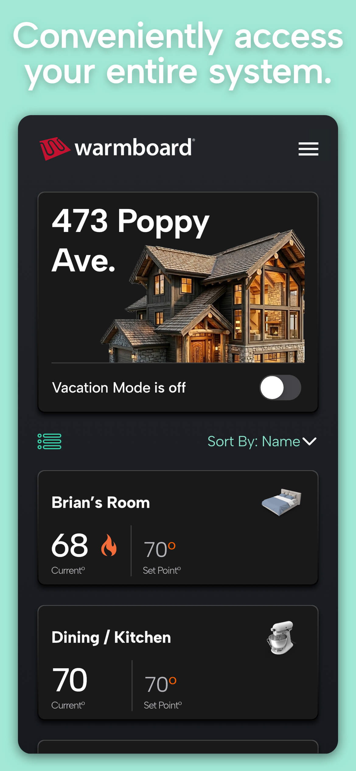 Warmboard app home screen with zones